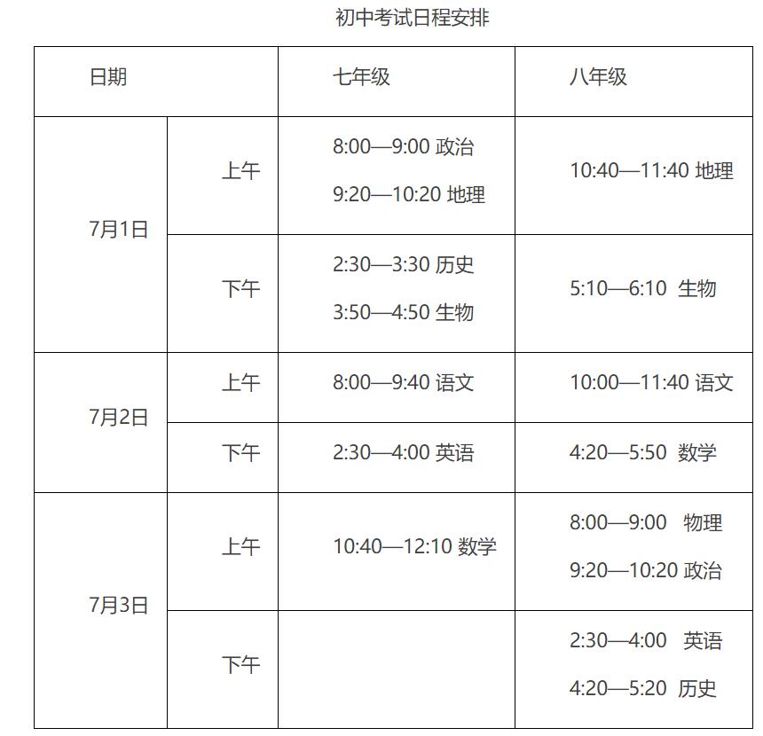 郑州市初高中非毕业年级期末测试日程安排出炉